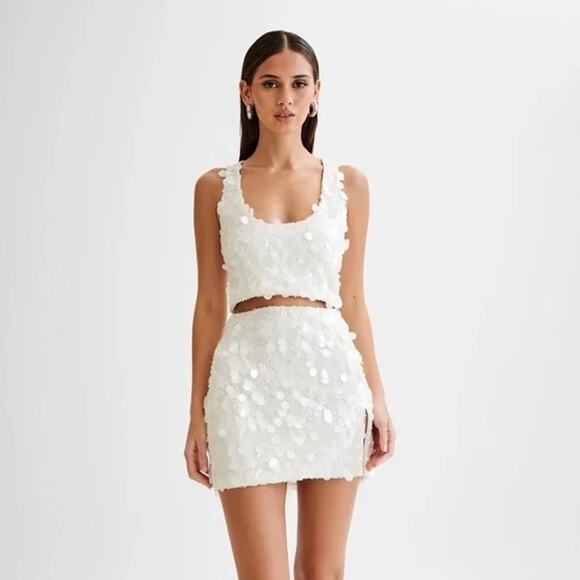 Meshki Tops - Meshki Maude Sequin Racer Crop Top Ivory Statement Party Small